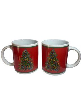 2 Christmas Tree Mugs Red Ceramic Coffee Cups 3.5" Tall Festive Holiday